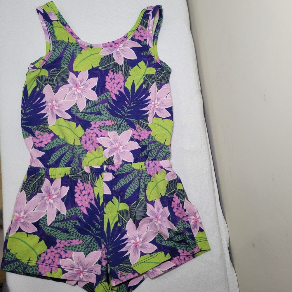 The Childrens Place Girls XS 4 Tropical Floral Romper Purple Green Pink Summer